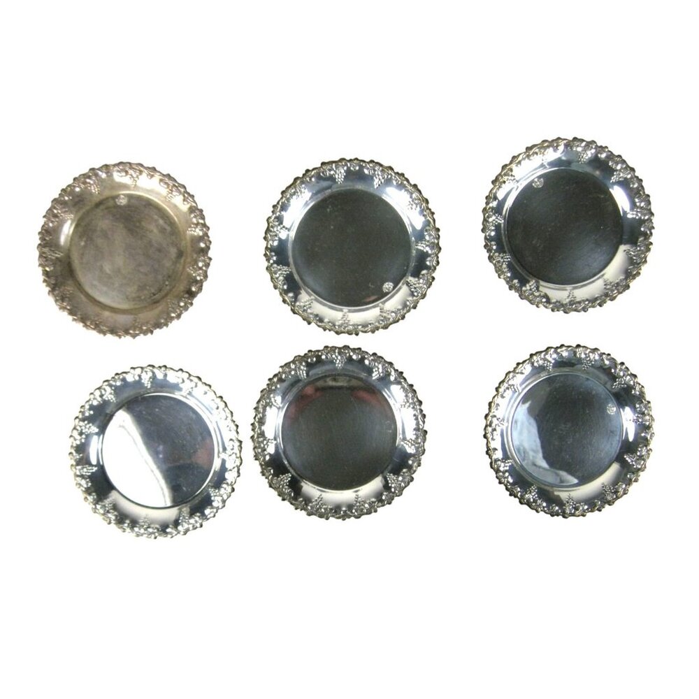 S Metall Set Of 6 Vintage Silver Plated Coasters Grape Sweden Vintage
